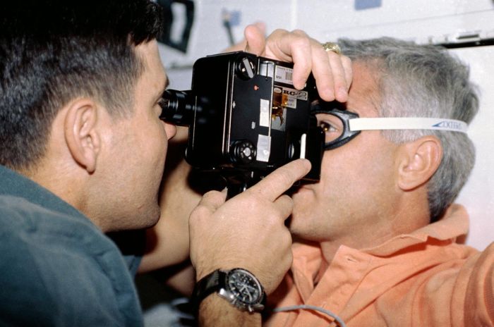 Astronaut Robert D. Cabana while using a tonometer to check intraocular pressure in astronaut Michael R. U. (Rich) Clifford`s eyes. The picture was taken on the Space Shuttle Discovery during STS-53 mission. Credit: NASA 09.12.1992