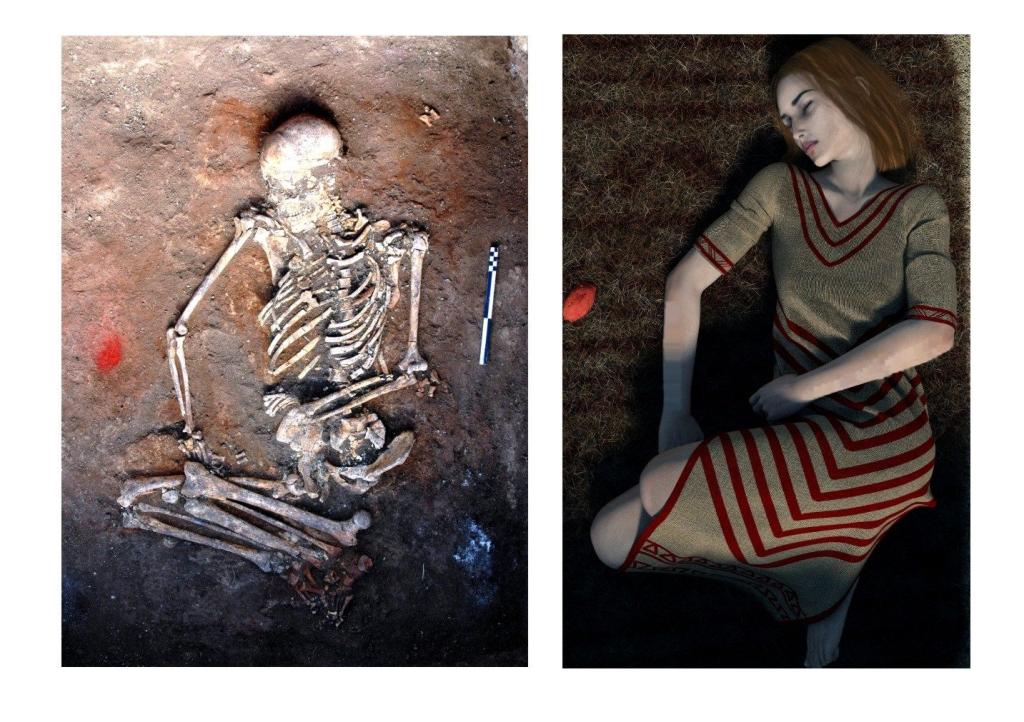 Pochówek kobiety ze zdobionymi kośćmi oraz rekonstrukcja rysunkowa pochówku. Rys. Michał Podsiadło