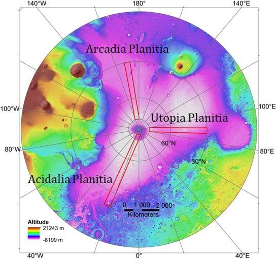 Lokalizacja badanych regionów Północnych Równin Marsa. Źródło: NASA/JPL-Caltech/MSSS