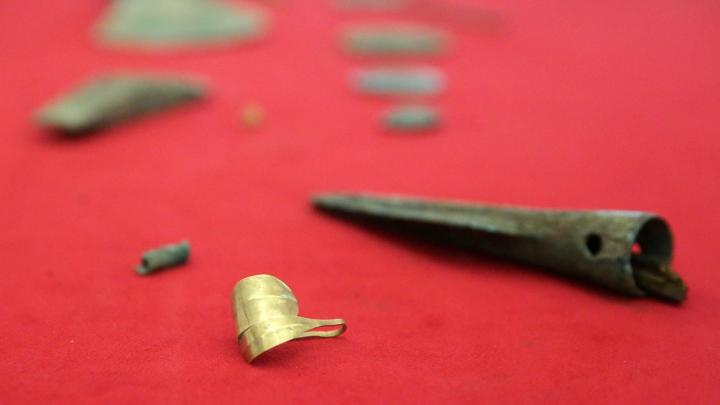 Przedmioty znalezione podczas badań odkrytego przez archeologów w okolicy Dobrego Miasta cmentarzyska z drugiego okresu brązu zaprezentowano w Muzeum Warmii i Mazur, 26 bm. Na cmentarzysku odkryto groby ziemne i pochówki ciałopalne, datowane na okolice XXVII wieku p.n.e. W ich pobliżu archeolodzy odnaleźli broń i biżuterię ze złota i brązu, do tej pory niespotykane na Warmii. Prawdopodobnie należały do ówczesnych miejscowych elit a na północ Europy dotarły bursztynowym szlakiem. Fot. PAP/Tomasz Waszczuk 26.