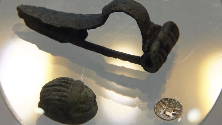 Fibula brązowa (góra), ceramiczny skarabeusz (L), i celtycka moneta (P)