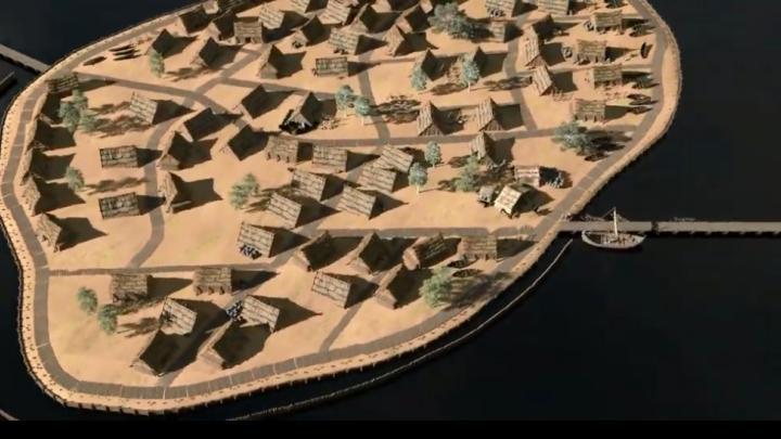 Kadry z animacji przedstawiającej XII-wieczny port w Pucku