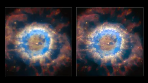 Porównanie zdjęć mgławicy planetarnej NGC 6369. Po lewej bez systemu optyki adaptacyjnej AOF, a po prawej z jego wykorzystaniem. Źródło: ESO/P. Weilbacher (AIP).