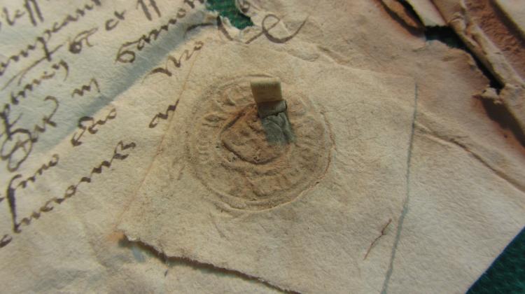 Part of the document Łaskarz of Sarnowa, rector of a church in Broniszew with a visible seal of the clergyman depicting the coat of arms Godziemba; paper, 210x177 mm. Photo by Jakub Łukaszewski