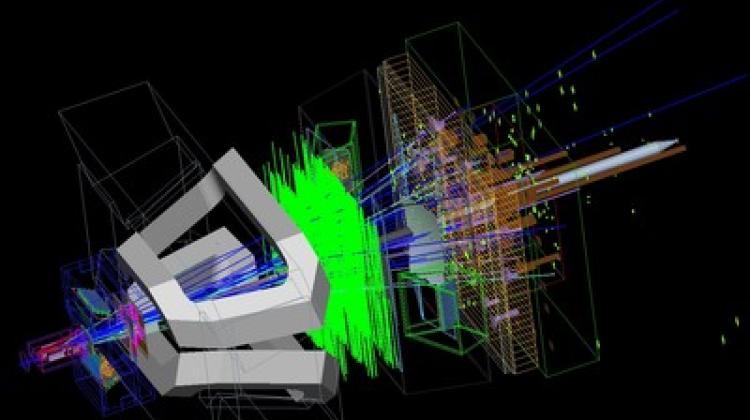 Symulacja komputerowa rzadkiego rozpadu mezonu Bs na parę mionów J/psi oraz fi w detektorze LHCb w ośrodku CERN pod Genewą. Źródło: CERN 