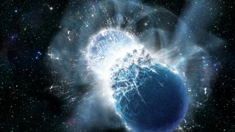 Artystyczna wizja zderzenia gwiazd neutronowych. Źródło: NASA/Swift/Dana Berry. 