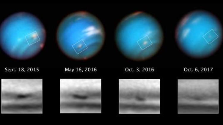 Seria zdjęć z Kosmicznego Teleskopu Hubble’a, które przedstawiają wielkąburzę w atmosferze planety. Jej rozmiar zmniejszył się w ciągu dwóch lat z 5000 km do około 3700 km. Źródło: NASA, ESA, M.H. Wong, A.I. Hsu (UC Berkeley). 