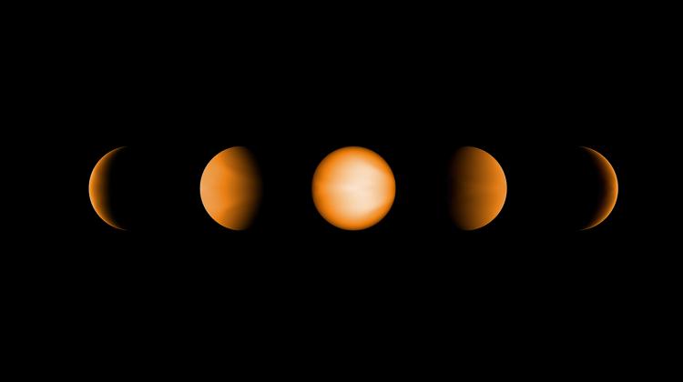 Symulacja widoku ultragorącego jowisza WASP-121 b pokazuje jak mogłaby wyglądać planeta, gdyby spojrzeć na nią ludzkim okiem przy różnym stopniu oświetleniu przez gwiazdę. Źródło: NASA/JPL-Caltech/Vivien Parmentier/Aix-Marseille University (AMU).