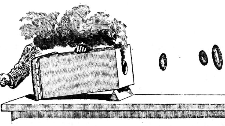 Rycina ilustrująca eksperyment Taita i wizualizacja ruchu powietrza wokół kółka z dymu (Peter Tait, Lectures on Some Recent Advances in Physical Science, MacMillan & Co., London, 1876)