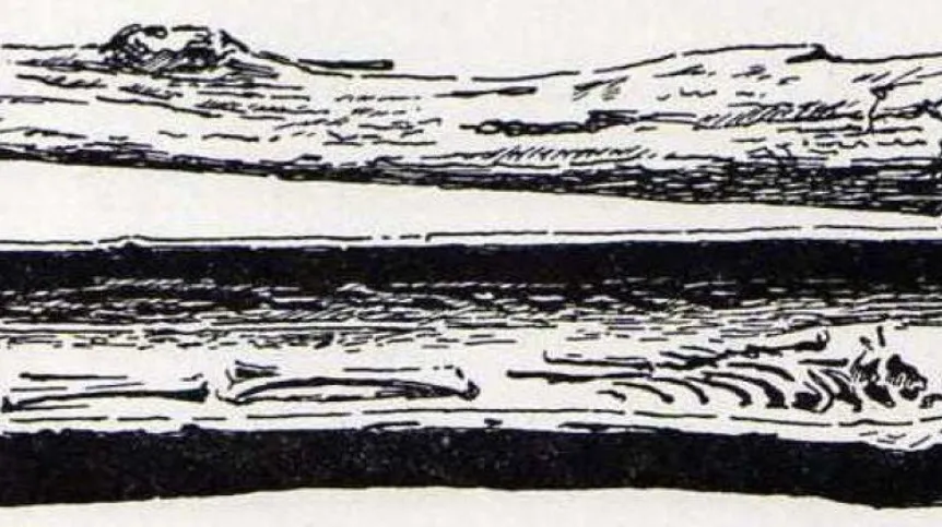 Drawing of the burial of a woman from Bagicz, credit: O. Dibbelt, Der Baumsarg von Bodenhagen, Heimt-Kalender der Stadtkreises Kolberg und des Landkreises Kolberg-Körlin, R. 12, 1936, pp. 43-44.