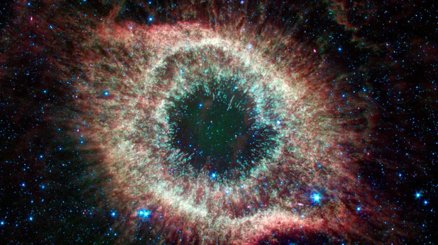 Mgławica Helisa w podczerwieni. Zdjęcie wykonane przy pomocy Kosmicznego Teleskopu Spitzera. Źródło: NASA/JPL-Caltech.