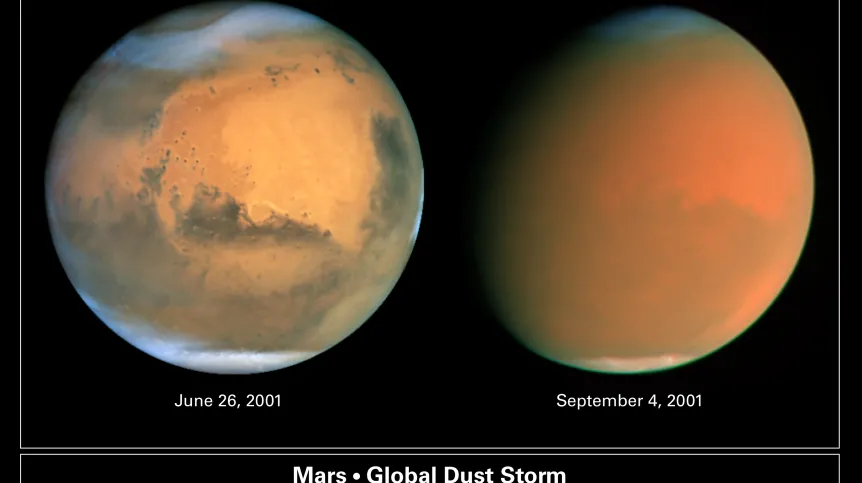 Planeta Mars sfotografowana przez Kosmiczny Teleskop Hubble’a. Pokazano dwa oblicza planety – normalne w czerwcu 2001 r. i w trakcie globalnej burzy pyłowej we wrześniu 2001 r. Źródło: NASA, James Bell (Cornell Univ.), Michael Wolff (Space Science Inst.), The Hubble Heritage  Team (STScI/AURA).