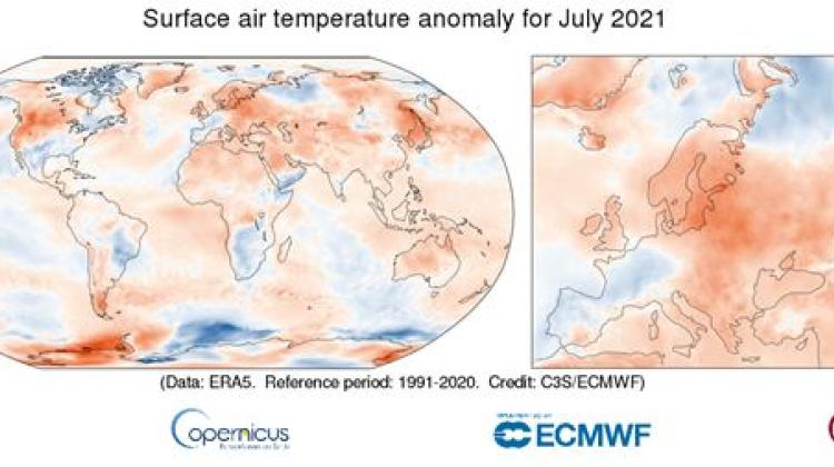 Anomalia temperatury powierzchniowej powietrza w lipcu 2021 r. w stosunku do średniej lipcowej z okresu 1991-2020. Źródło danych: ERA5. Źródło: Copernicus Climate Change Service/ECMWF.