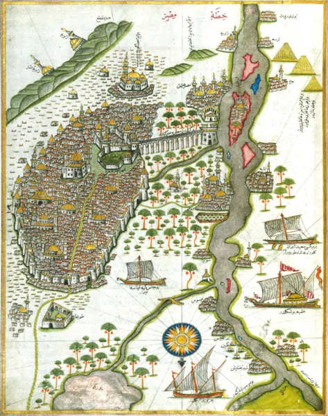  1. Jedna z najwcześniejszych map Kairu - tą wykonał turecki admirał Piri Reis w XVI w. https://commons.wikimedia.org/wiki/File:Piri_Ries_Cairo_Map.png  domena publiczna.