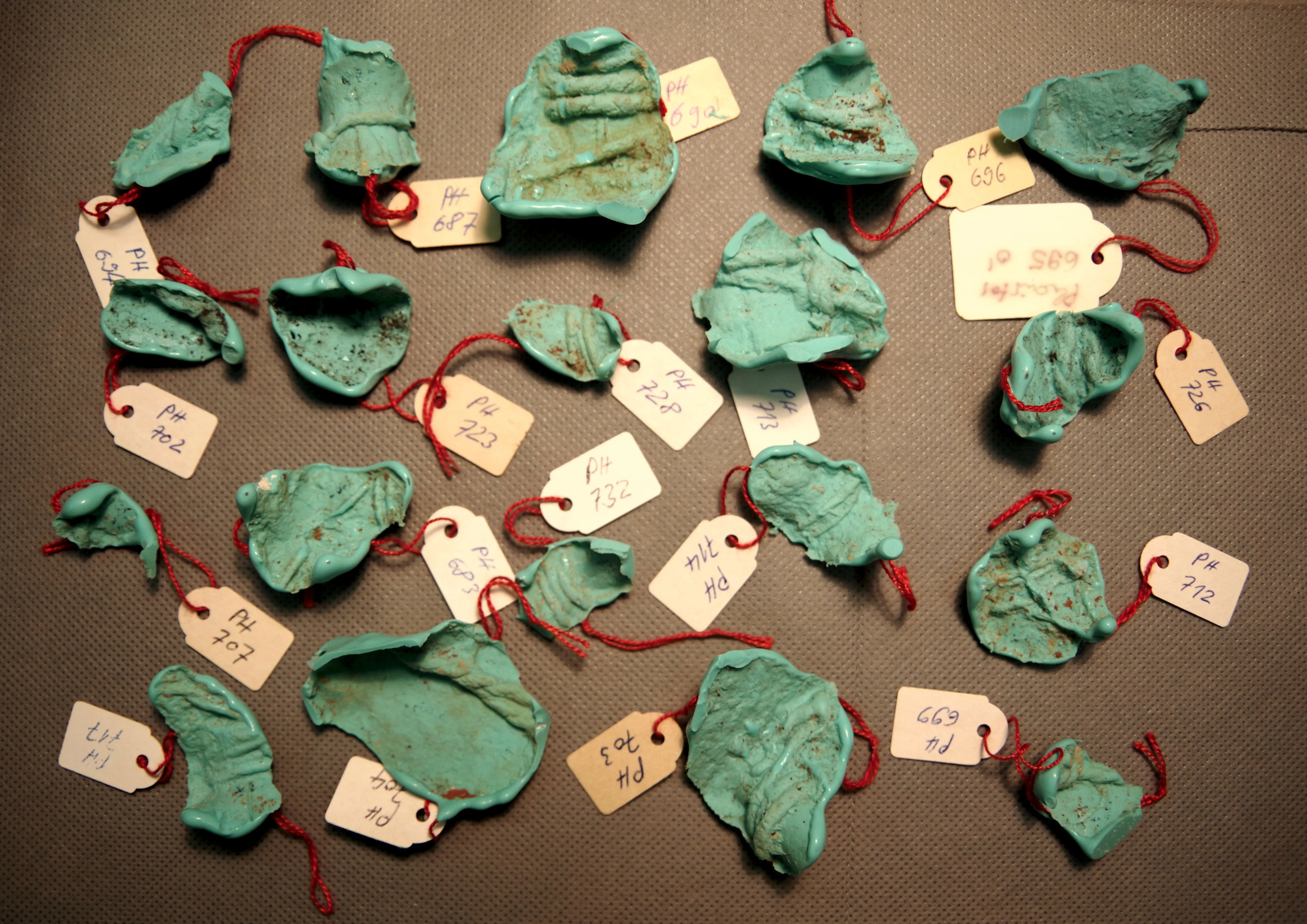 Silicone casts of the bottoms of clay seals from Phaistos in Crete in the collection of the Corpus of Minoan and Mycenaean Seals in Heidelberg, credit: A. Ulanowska