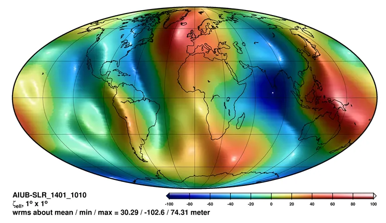 Geoid-height change determined with laser measurements of distance to SLR satellites. Original source: Sośnica, K., Jäggi, A., Meyer, U. et al. Time variable Earth’s gravity field from SLR satellites. J Geod 89, 945–960 (2015). https://doi.org/10.1007/s00190-015-0825-1 Download model: http://icgem.gfz-potsdam.de/