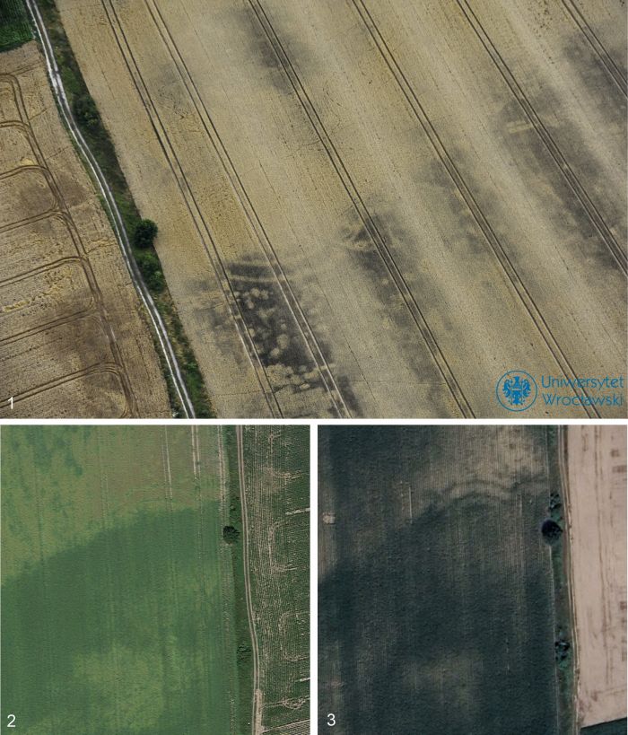3.	Rondel w Zabardowicach (pow. oławski) z zdjęciu lotniczym (1; foto Piotr Wroniecki) i zobrazowaniach satelitarnych (2,3; GoogleEarth)
