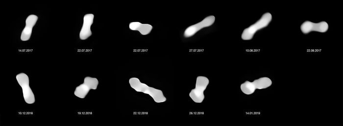 11 zdjęć planetoidy Kleopatra widzianej pod różnymi kątami w trakcie jej rotacji. Fotografie zostały uzyskane w różnych momentach czasu od 2017 do 2019 roku przy pomocy instrumentu Spectro-Polarimetric High-contrast Exoplanet REsearch (SPHERE) na teleskopie VLT należącym do ESO. Źródło: ESO/Vernazza, Marchis et al./MISTRAL algorithm (ONERA/CNRS).