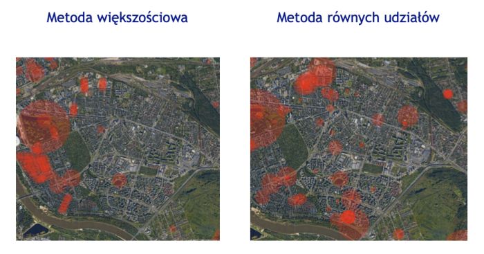 Warszawa Praga 2021. Rozkład geograficzny projektów, które uzyskały finansowanie(lewa strona) i takich, które uzyskałyby finansowanie dzięki niej metodzie (prawa strona). Rozmiar kółek ilustruje wielkość finansowania. Źródło: Piotr Skowron