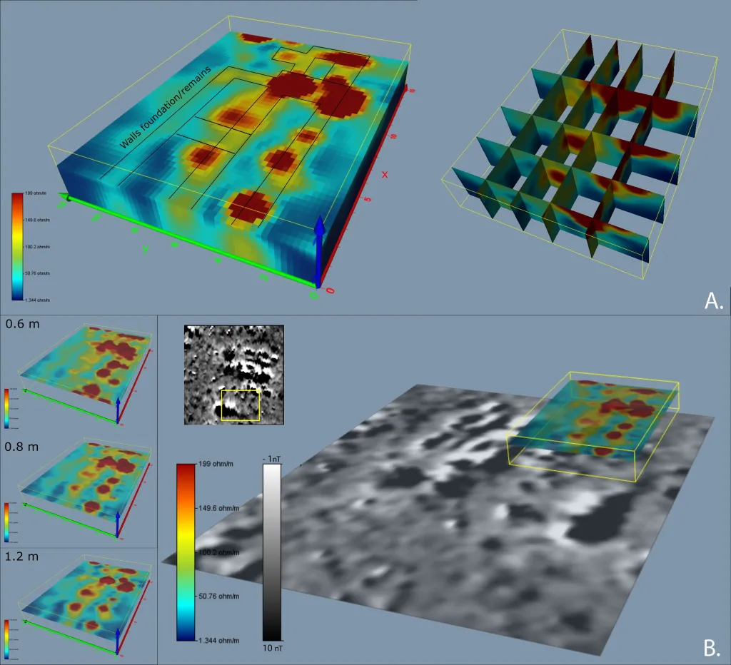 Wyniki pomiarów tomografii elektrooporowej w zestawieniu z mapą magnetyczną. Analiza wyników pomiarów w obrębie reliktów jednego z domostw, mat. prasowe