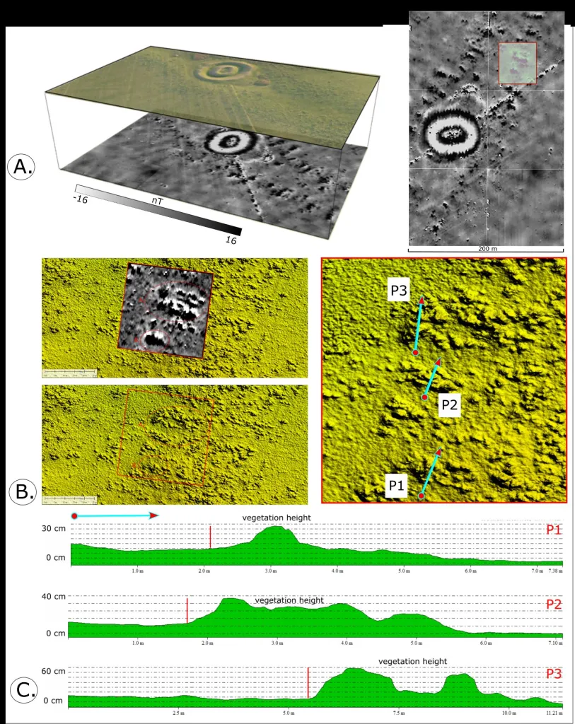 Zestawienie wyników pomiarów magnetycznych z danymi teledetekcyjnymi, w tym numerycznym modelem pokrycia terenu z drona. Widoczna relacja między anomaliami magnetycznymi, a wysokością roślinności rosnącej na obiektach archeologicznych, mat. prasowe.
