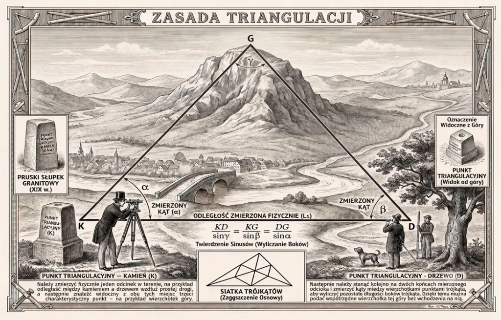 Uproszczony schemat pomiarów triangulacyjnych w geodezji. Rysunek wygenerowany przez AI. 