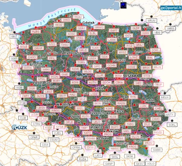 Polskie stacje referencyjne ASG-EUPOS pozwalające na kalibrację danych z satelitów. Źródło: geoportal.gov.pl