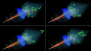 Wizualizacja strumieni cząstek wtórnych zarejestrowanych przez detektor LHCb w kilku zderzeniach proton-proton. Źródło: LHCb Collaboration /  IFJ PAN