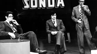 Polska 1979-01-23. Program &quot;Sondy&quot; - Muzyka i komputery. Nz: m.in. prowadzący Zdzisław Kamiński (L) i Andrzej Kurek (P). soa PAP/Edmund Radoch