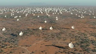 Artystyczna wizja fragmentu sieci radioteleskopów Square Kilometre Array (SKA), Wikipedia