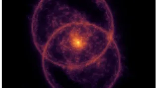 Wizualizacja dziwnego kręgu radiowego (ORC) RAD J131346.9+500320, ukazująca dwa przecinające się pierścienie dla fal radiowych metrowej długości. Ten niezwykły obiekt odkryto dzięki danym LOFAR w ramach inicjatywy nauki obywatelskiej RAD@home. Źródło: Pratik Dabhade, RAD@home