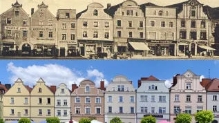 Bolesławiec - pierzeja północna rynku, w okresie przedwojennym i obecnie (wynik powojennej rekonstrukcji). Fot. materiały prasowe Politechnika Wrocławska