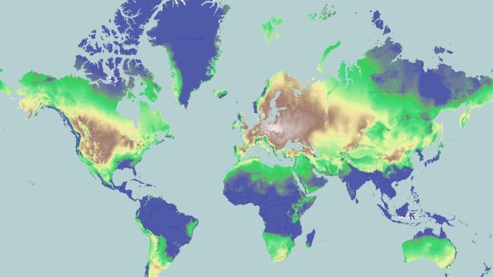 Mapa przedstawiająca podobieństwo klimatu w okolicach Warszawy do klimatu w innych miejscach na Ziemi. Białym i brązowym oznaczone są miejsca najbardziej podobne. Niebieskim – najmniej. Źródło: ClimatEx http://sil.uc.edu/webapps/climateex/ 