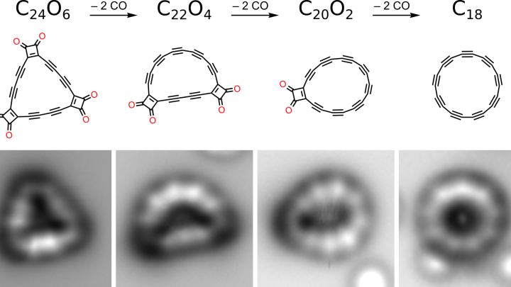 Kolejne etapy tworzenia cząsteczki cyklokarbonu (C18 - rysunek najbardziej po prawej) Dolny rząd pokazuje obraz cząsteczek widziany dzięki mikroskopii sił atomowych (AFM). Fot:  IBM Research
