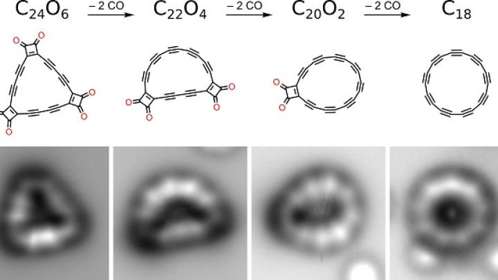 Subsequent stages of creating a cyclocarbon molecule (C18 - figure on the right). The bottom row shows the atomic force microscopy (AFM) image of the molecules. Credit: IBM Research
