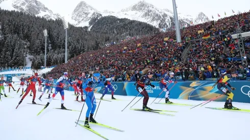 Anterselva, Włochy, 18.02.2026. Zimowe Igrzyska Olimpijskie - Mediolan i Cortina d’Ampezzo 2026. Zawodniczki na trasie biathlonowej sztafety 4x6 km kobiet w Anterselvie, 18 bm. (mk) PAP/Grzegorz Momot