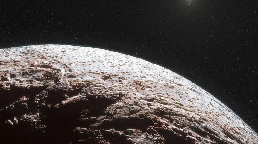Artystyczna wizja powierzchni planety karłowatej Makemake. Źródło: ESO/L. Calçada/Nick Risinger (skysurvey.org).