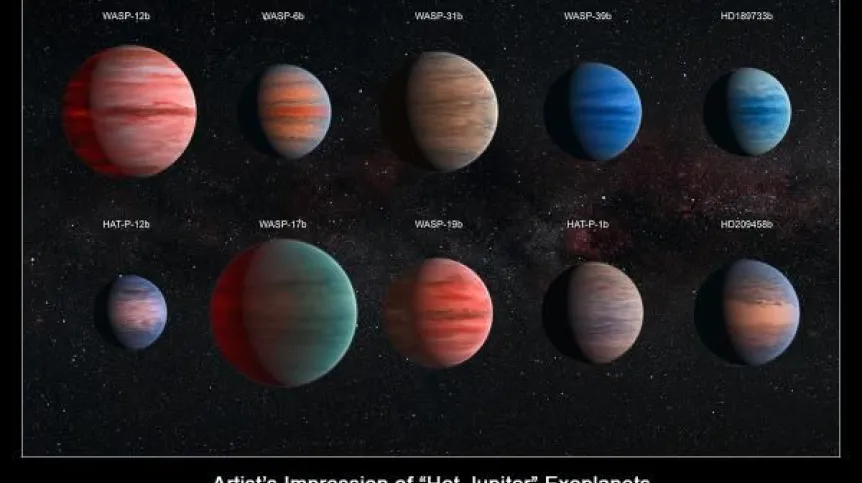 Artystyczne wizje 10 planet pozasłonecznych, z kategorii „gorących jowiszów”, które zbadano teleskopami Hubble'a i Spitzera. Źródło: NASA / ESA 