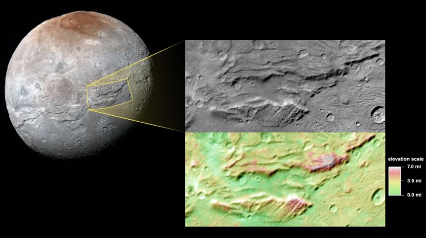 Fragment powierzchni Charona sfotografowany 14 lipca 2015 r. przez sondę New Horizons z odległości 78700 km. Źródło: NASA/Johns Hopkins University Applied Physics Laboratory/Southwest Research Institute.