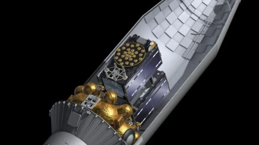 Schemat przedstawiający dwa satelity Galileo na szczycie rakiety nośnej Sojuz. Źródło: ESA – J. Huart.