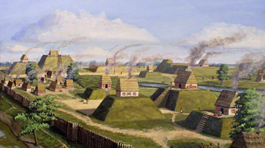 Artystyczna wizja starożytnej osady kultury Mississipi na terenie dzisiejszej miejscowości Kincaid w stanie Illinois w USA. Autor: Herbert Roe