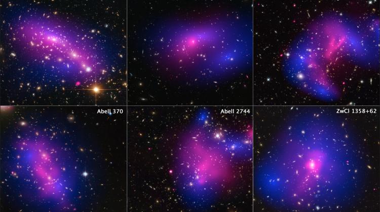 Rozmieszczenie ciemnej materii (w kolorze niebieskim) w sześciu gromadach galaktyk, odtworzone na podstawie zdjęć z kosmicznego teleskopu Hubble'a. (Źródło: NASA, ESA, STScI, and CXC)