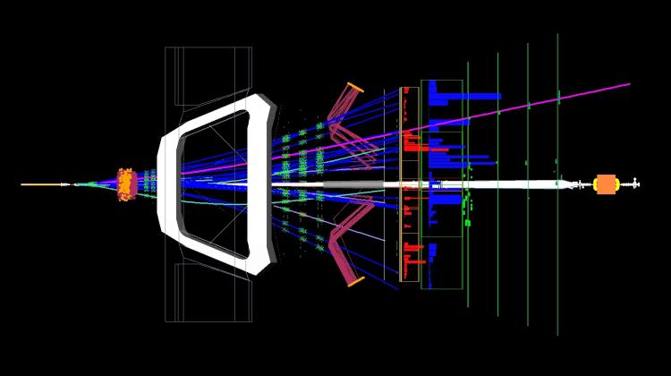 Cząstki wyprodukowane w trakcie jednego ze zderzeń dwóch protonów o  energiach 7 TeV każdy, zarejestrowane przez detektory eksperymentu LHCb  w 2011 roku; widok z dwóch różnych ujęć. Źródło: CERN, LHCb