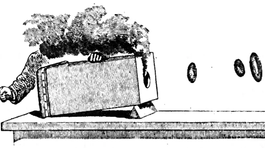 Rycina ilustrująca eksperyment Taita i wizualizacja ruchu powietrza wokół kółka z dymu (Peter Tait, Lectures on Some Recent Advances in Physical Science, MacMillan & Co., London, 1876)