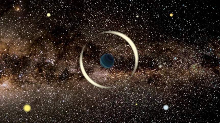 Mikrosoczewkowanie grawitacyjne przez planetę swobodną – wizja artystyczna. Autor: Dr Jan Skowron (Obserwatorium Astronomiczne UW).