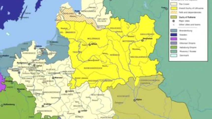 Rzeczpospolita Trojga Narodów według unii hadziackiej z 1658 roku. Źródło: Wikipedia.