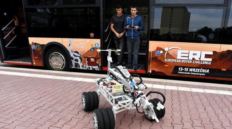 Kielce, 20.08.2019. The first Marsobus ride, Aug. 20 in Kielce. The passengers were participants of the press conference inaugurating the launch of the space vehicle promoting the European Rover Challenge. PAP/Piotr Polak