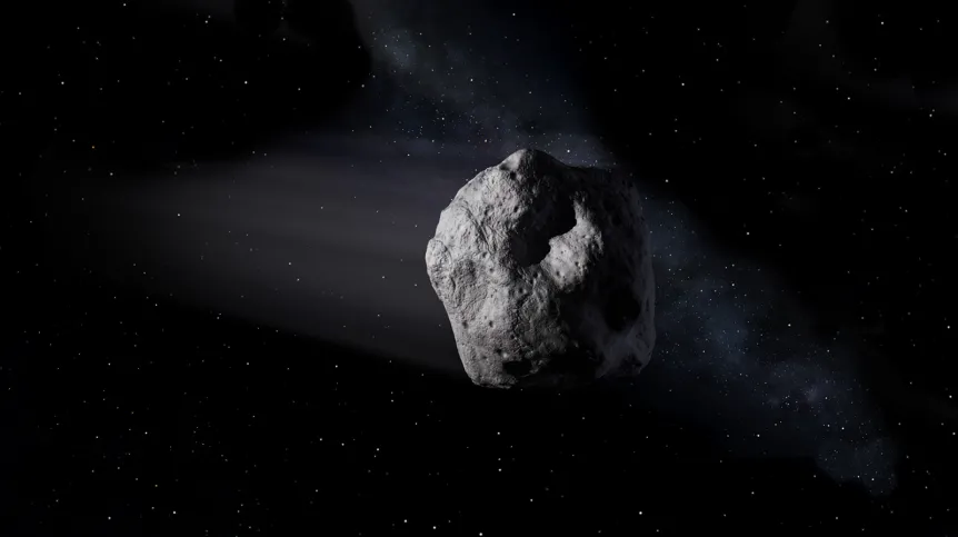 Artystyczna wizja planetoidy przelatującej blisko Ziemi. Źródło: NASA/JPL-Caltech.