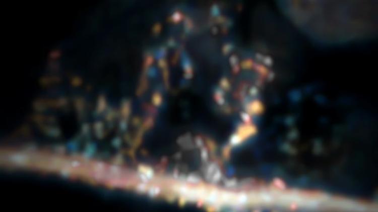 Neuryt i synapsy (okrągłe elementy dołączone do „gałęzi”). Próbka obrazowana mikroskopem optycznym znajduje się na głębokości  80 mikrometrów – pod powierzchnią innych komórek. Źródło:  dr Piotr Zdańkowski, ACS Nano https://doi.org/10.1021/acsnano.9b05891
