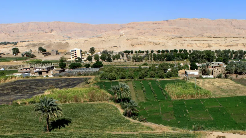 Panorama wzgórza, na którym znajdują się pozostałości miasta Pathyris i inne stanowiska archeologiczne (D.F. Wieczorek). 
